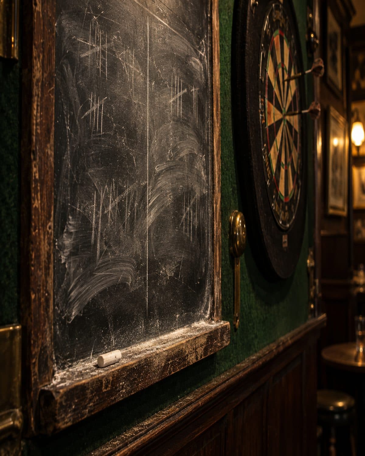 Close-up of an old slate chalkboard scoreboard beside a pub dartboard