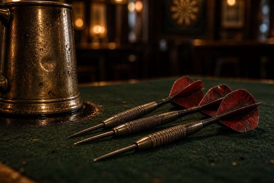 Three darts on dark green baize beside a brass tankard